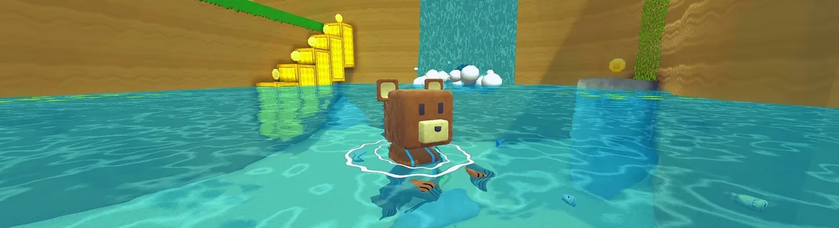 Baaren swimming near a waterfall in Super Bear Adventure